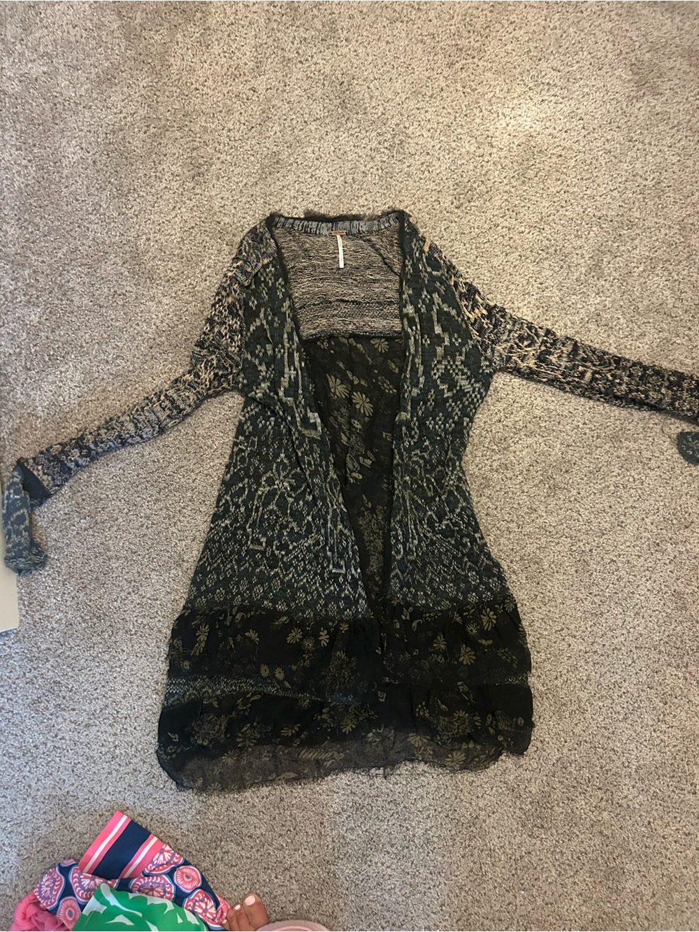Free People Black and Olive Open-Front Knit Cardigan